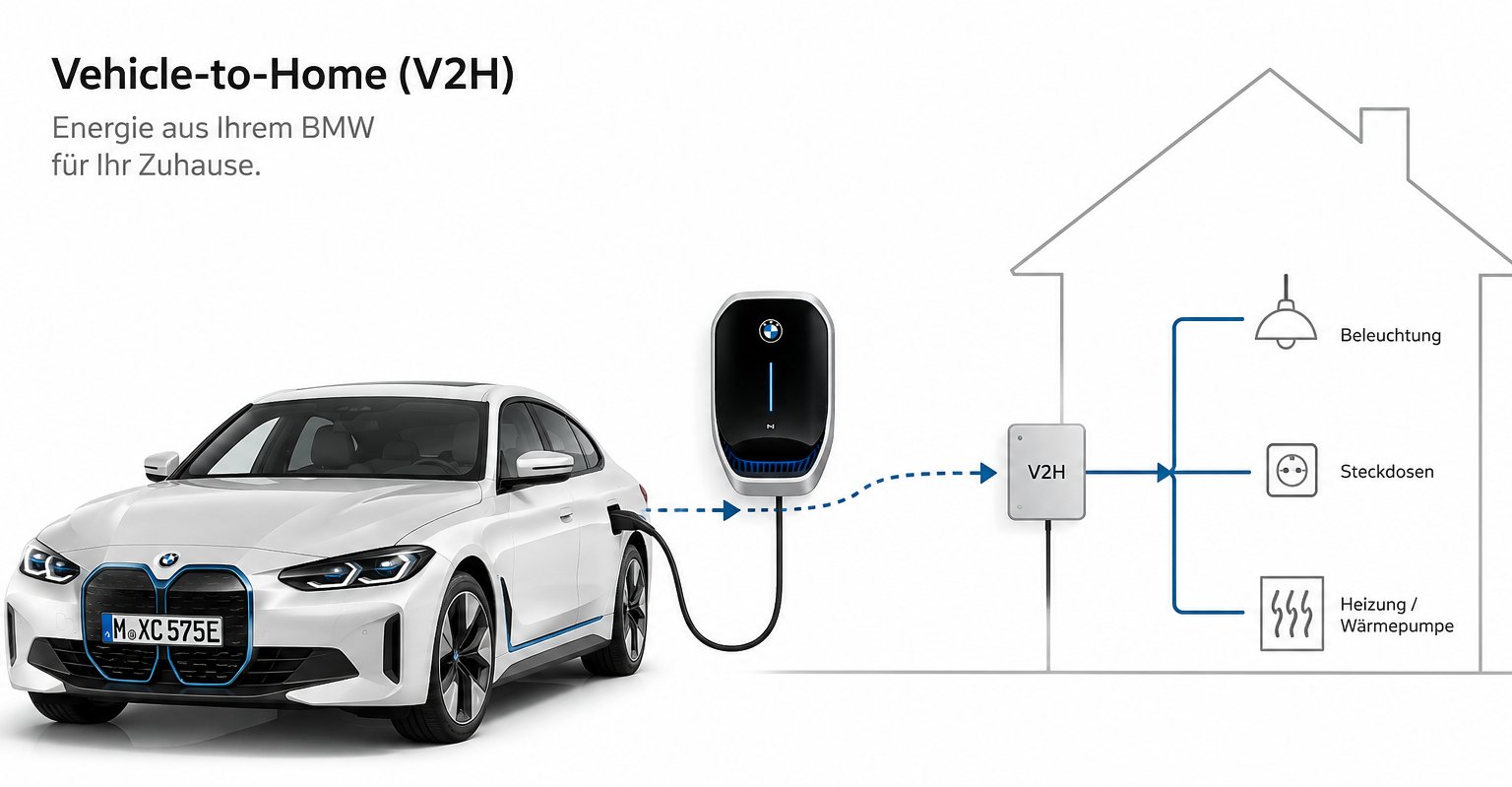 Schaubild Vehicle-to-Home: BMW speist über die bidirektionale Wallbox Energie ins Haus – für Beleuchtung, Steckdosen und Heizung