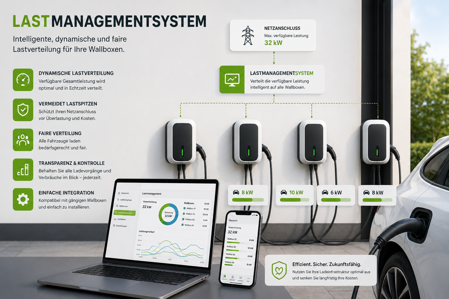 Lastmanagement verteilt die Anschlussleistung auf mehrere Wallboxen im Mehrfamilienhaus