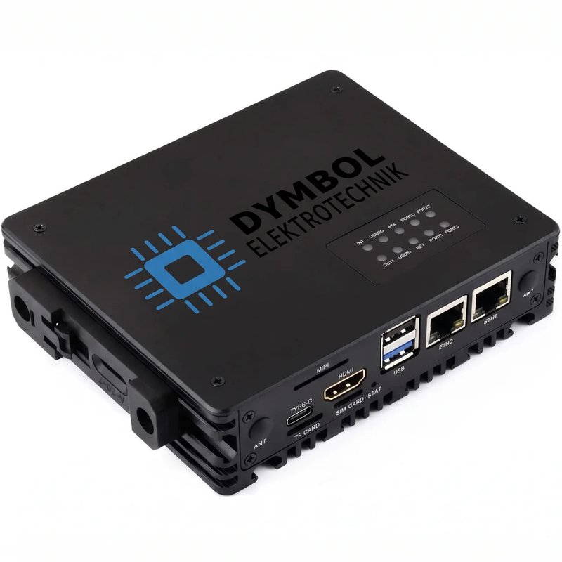 Dymbol LM-Controller im schwarzen Metallgehäuse mit zwei Ethernet-Ports, USB und HDMI